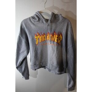 Thrasher Flame Logo Grey Pullover Hoodie Women's Crop Top Size S